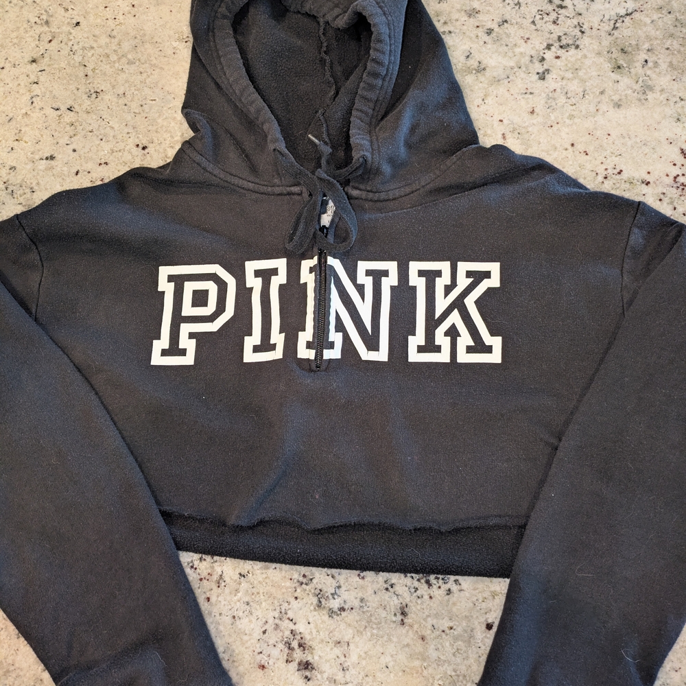 Victoria’s Secret PINK Black Cropped Hoodie | Size L | Upcycled
